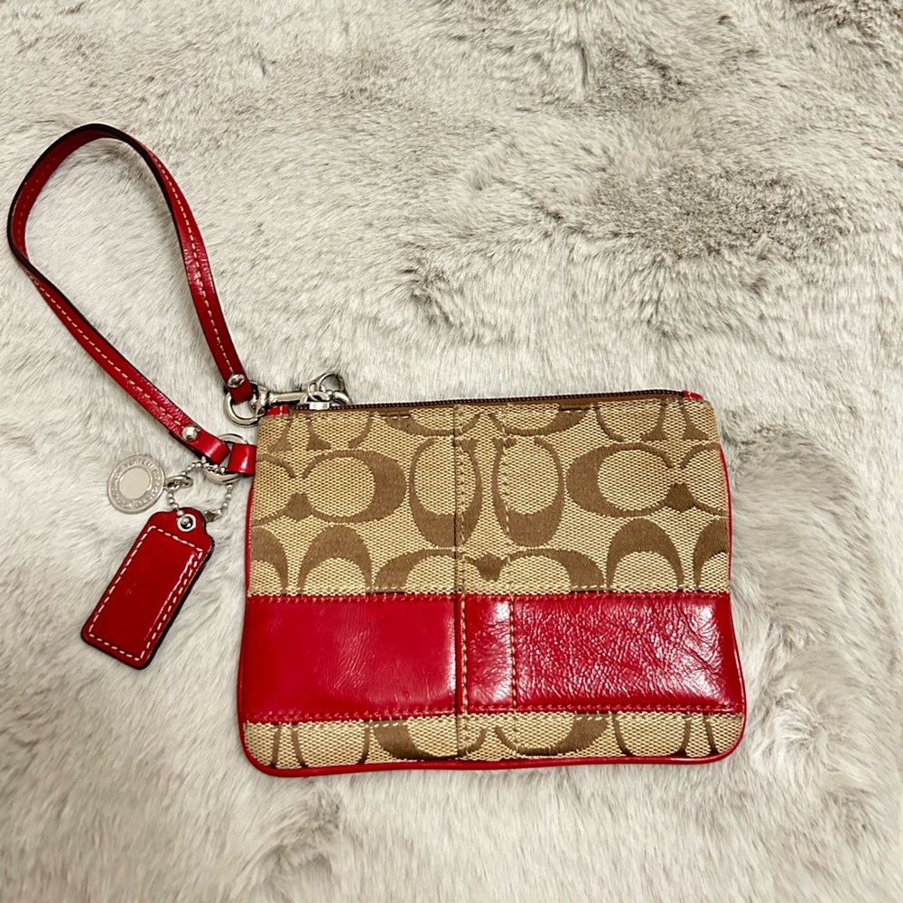 COACH authentic khaki & red wristlet *pre loved*